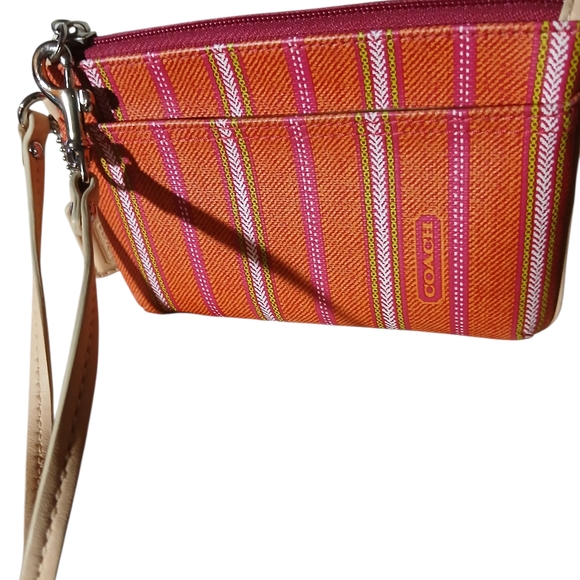 Coach Vibrant Coral and Pink Striped Wristlet - Picture 1 of 2